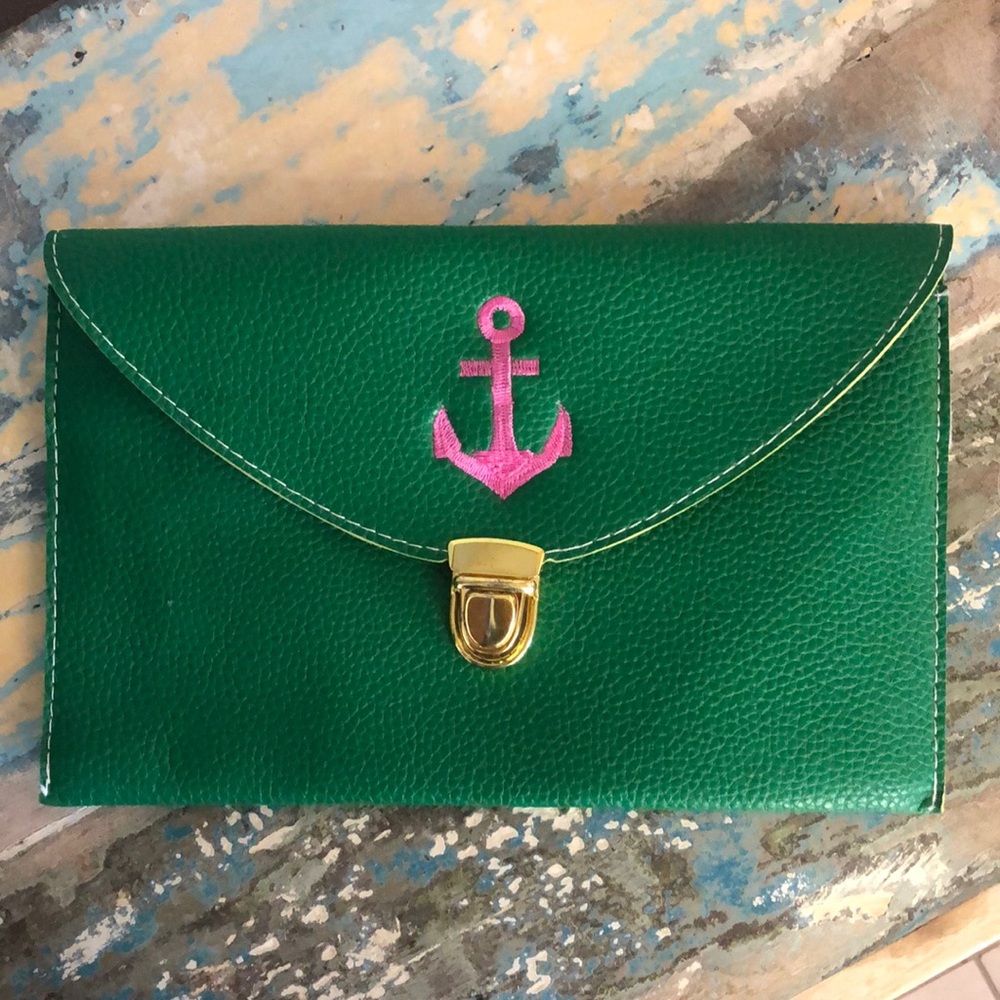 ✨LAST CALL✨Leather Clutch Green with Pink Embroidered Anchor